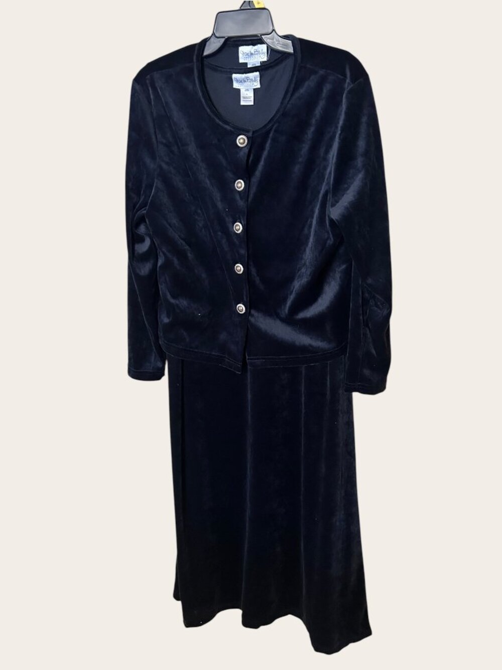 Vintage 90s Diane von Furstenberg Black Velvet 2-Piece Set Maxi Dress Jacket Lar